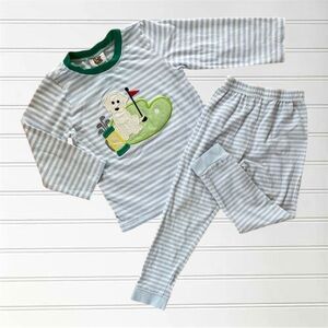 Embroidered Appliqué Golf Dog Striped Pajama Set